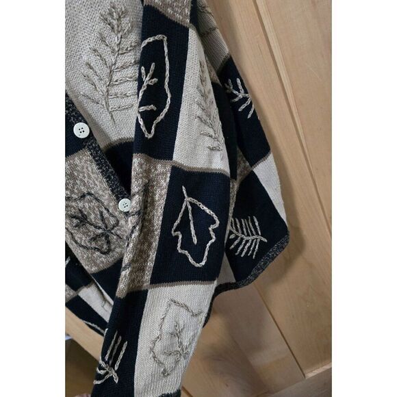 Vintage Christopher & Banks Leaf Pattern Cardigan Sweater Black & Tan Hand Embro - Picture 3 of 9